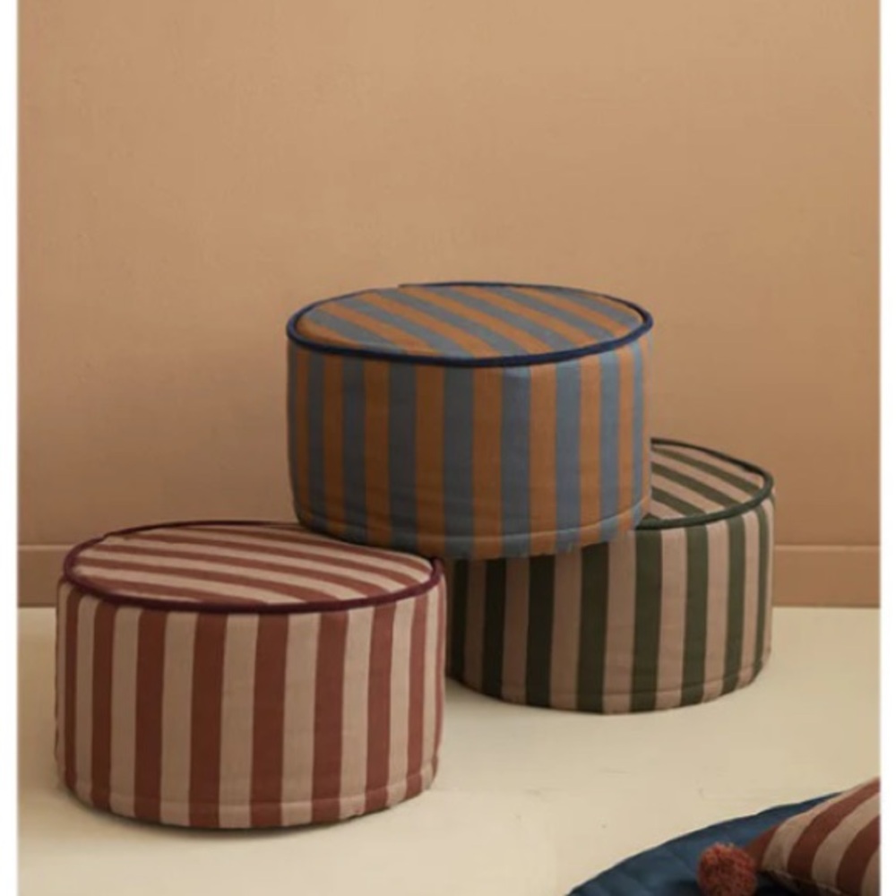 Lightly Used nobodinoz Majestic Round Stool Green Taupe Stripes Pouf Kids Room - Picture 4 of 7